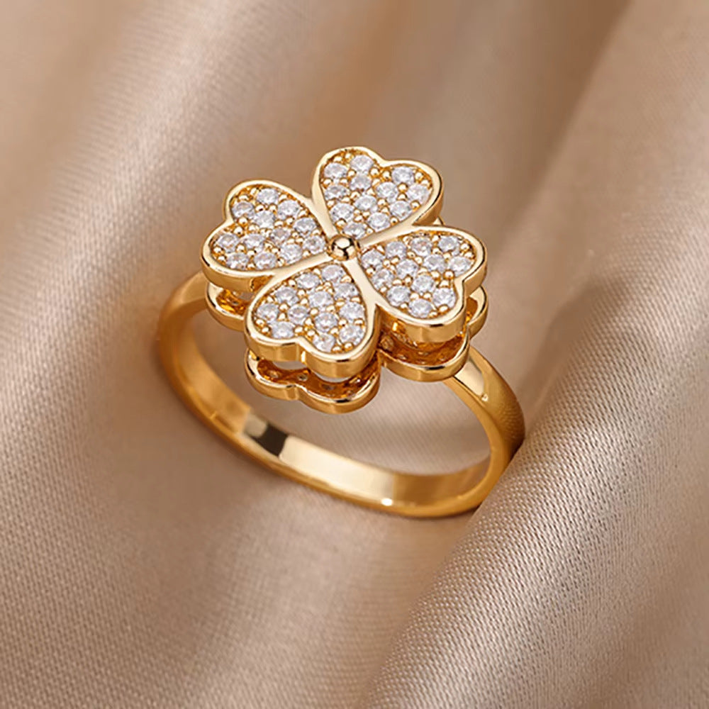 Clover Zircon Rotatable Fidget Rings