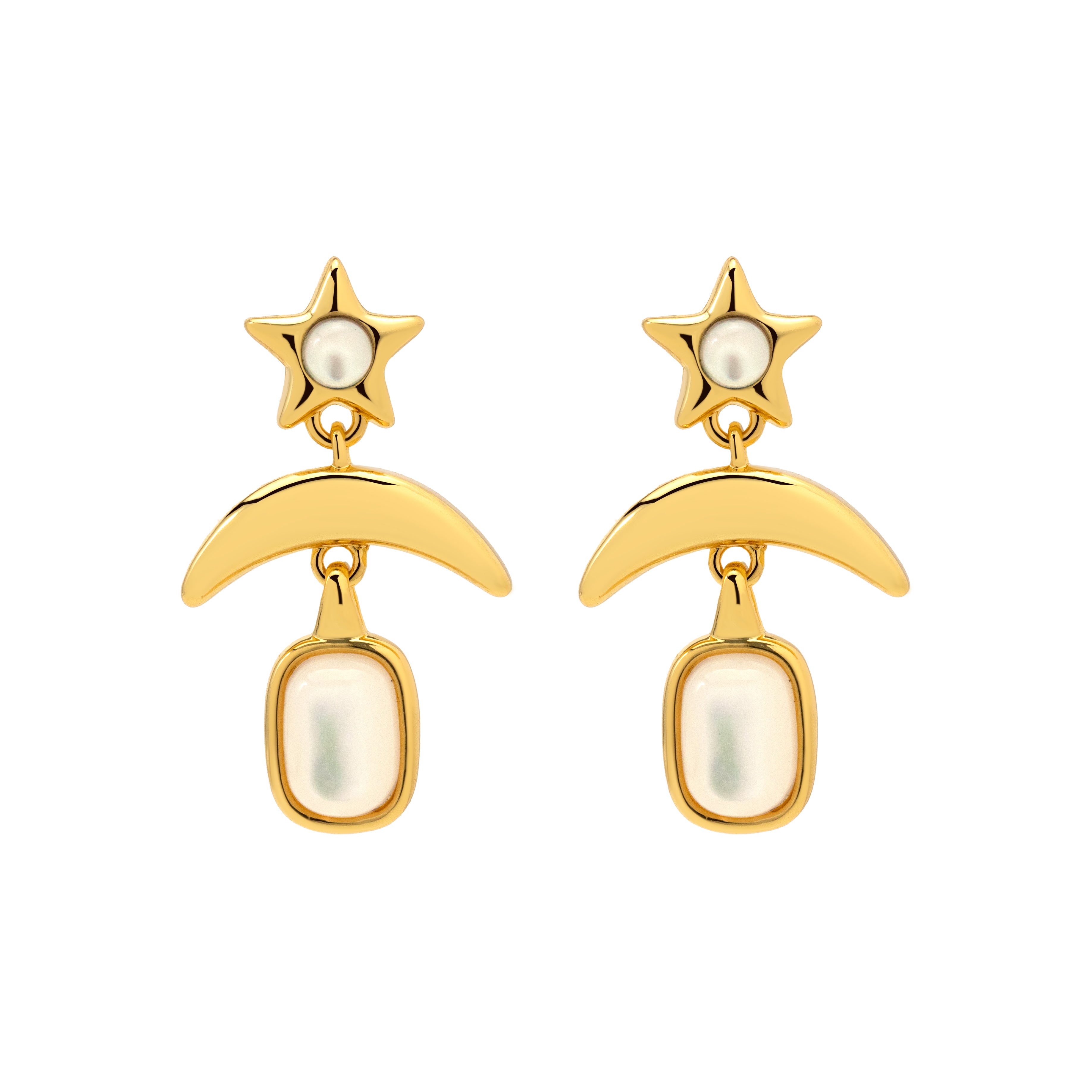 Nebula Gold Star & Moon Pearl Drop Earrings