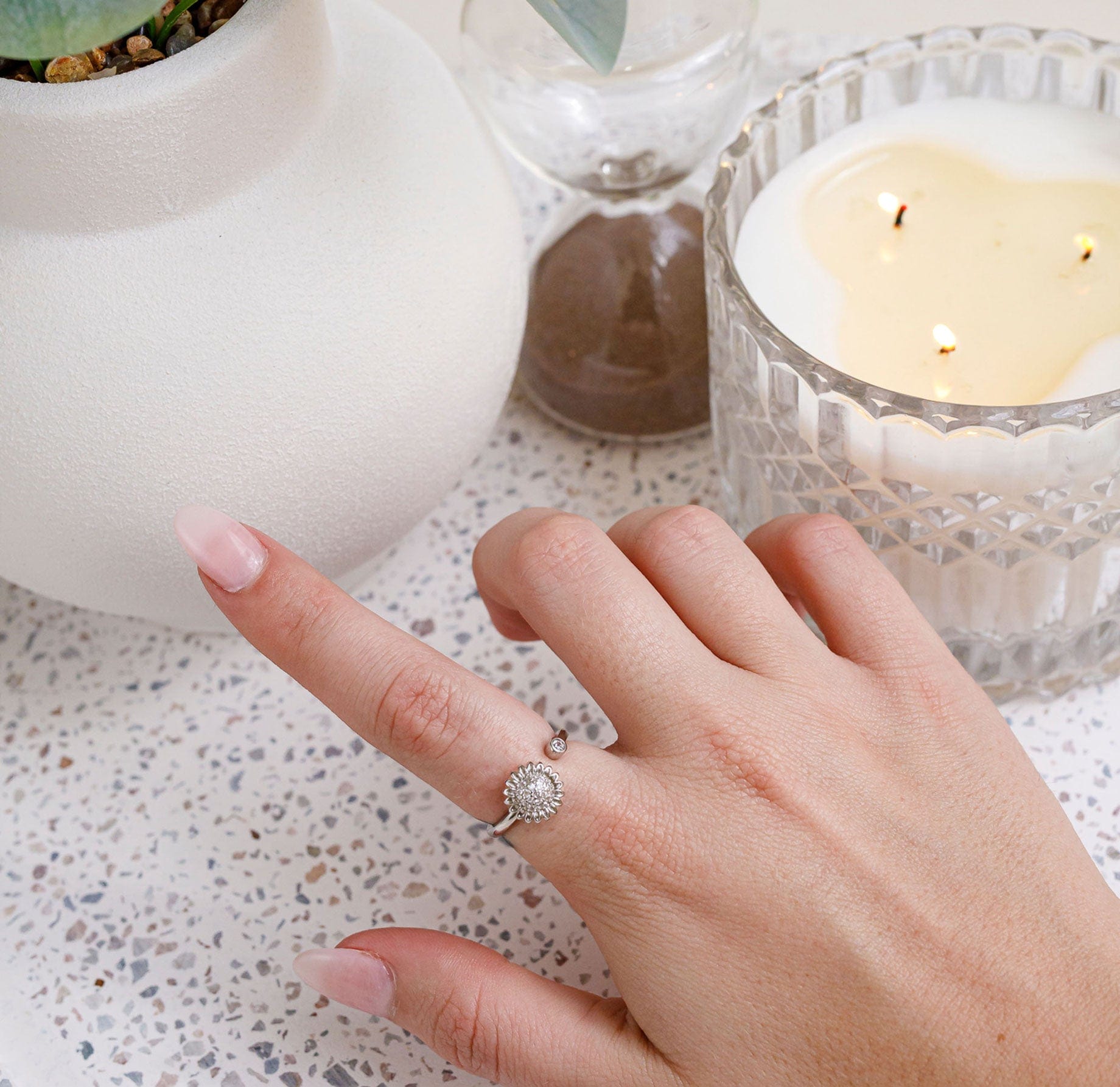 Silver Sunflower Spinner Worry Ring Wellness jewellery sliding rotating spinning meditation gold silver 925 